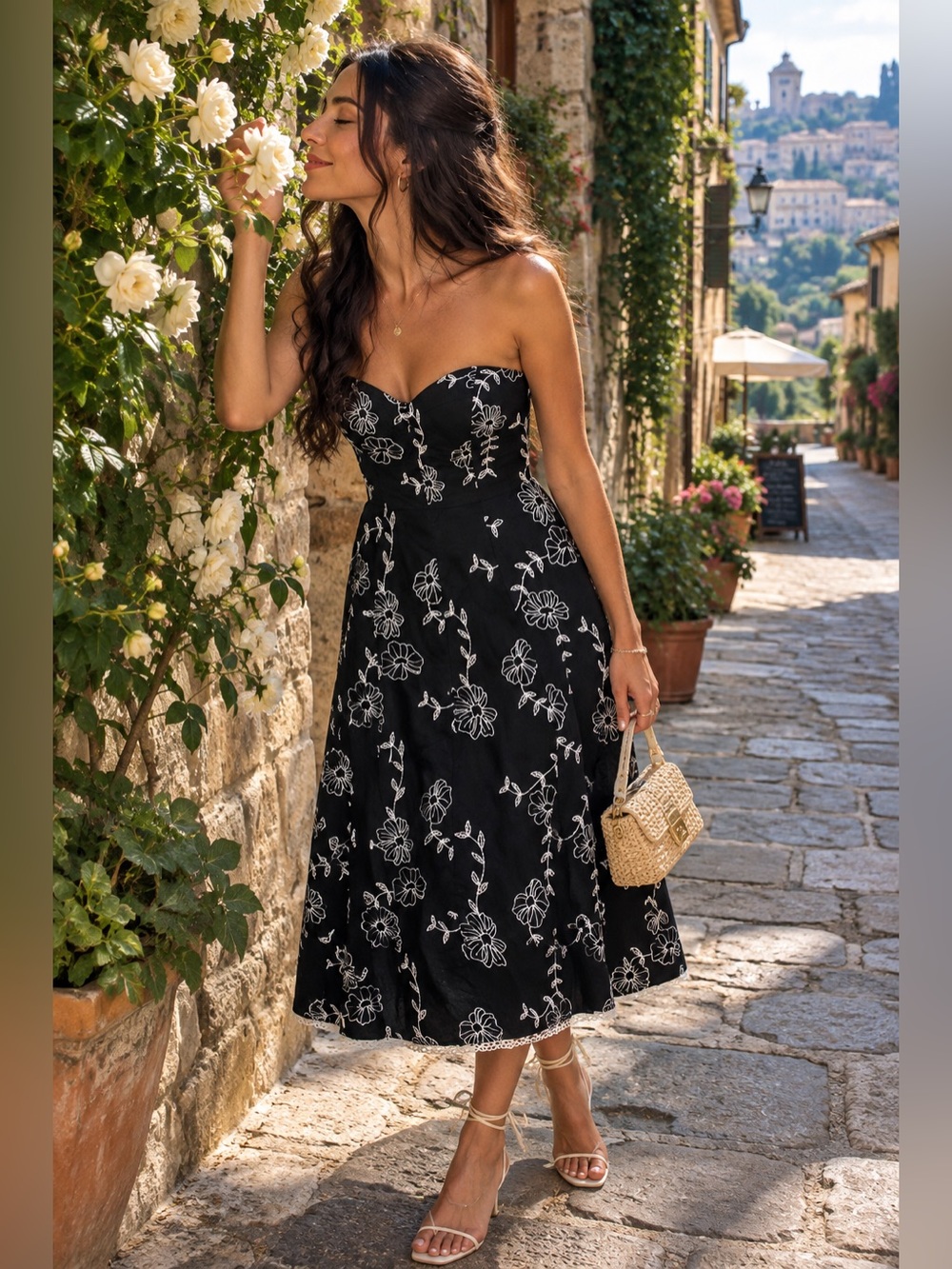 White House Black Market 100% Cotton Black & White Floral Midi Dress